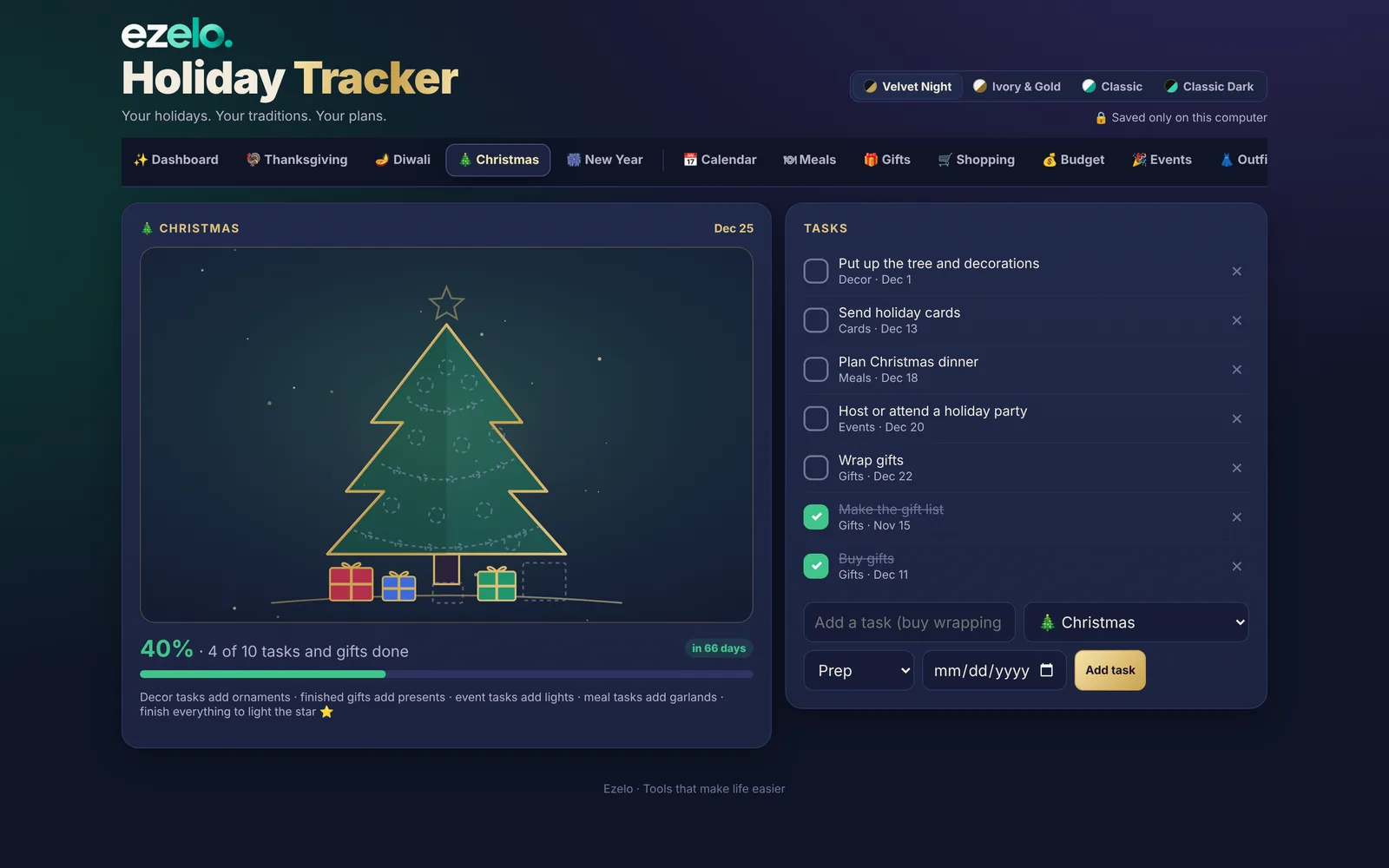 Ezelo Holiday Tracker Christmas page with a tree that fills in as tasks are done