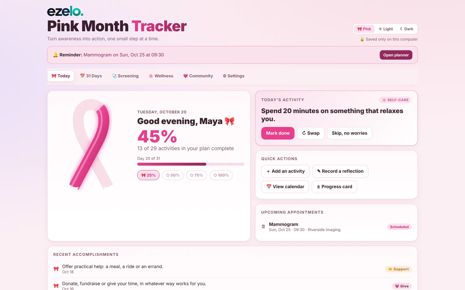 Ezelo Pink Month Tracker Today screen with a ribbon that fills as activities are completed